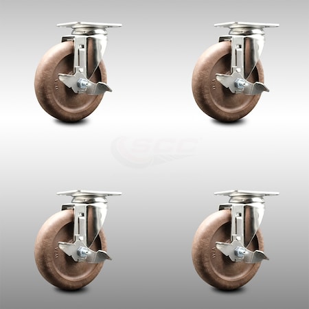 Service Caster 5 Inch 316SS High Temp Glass Filled Nylon Swivel Top Plate Caster Set with Brake SCC-SS31620S514-GFNSHT-TLB-4